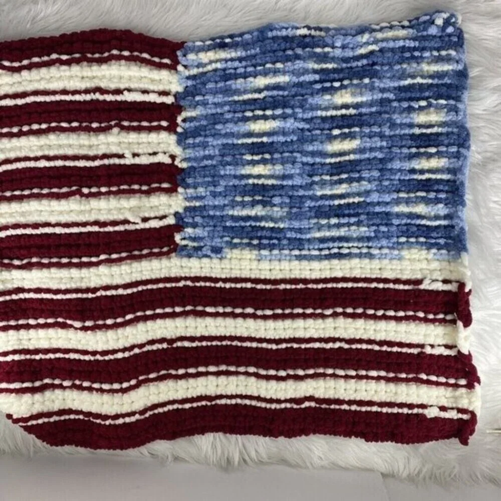 Handmade Chunky Knit American Flag Blanket Chenille Patriotic‎ USA Throw NEW
